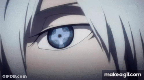 A Close Up Of A Person 'S Eye With A Blue Pupil And White Hair . GIF