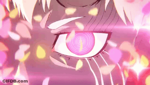 A Close Up Of A Person 'S Eye With A Pink Swirl In It Surrounded By Pink Petals . GIF