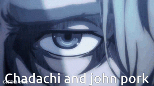 A Close Up Of A Person 'S Eye With The Words " Chadachi And John Pork " Above It GIF