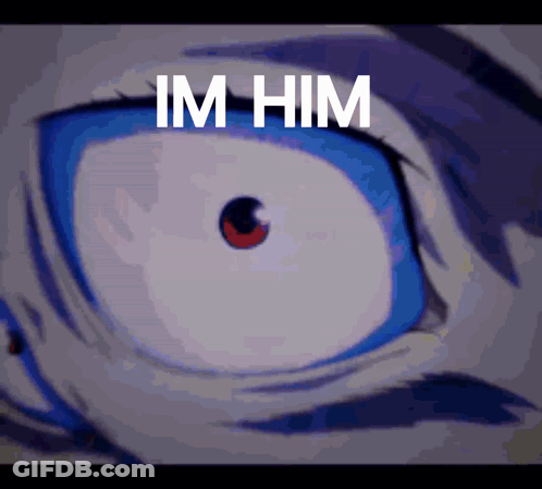 A Close Up Of A Person 'S Eye With The Words Im Him In White Letters GIF