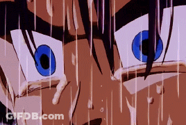 A Close Up Of A Person 'S Eyes With Blue Eyes And Sweat Coming Out Of Them GIF