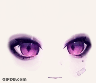 A Close Up Of A Person 'S Eyes With Purple Eyes And A Slight Smirk On Their Face . GIF