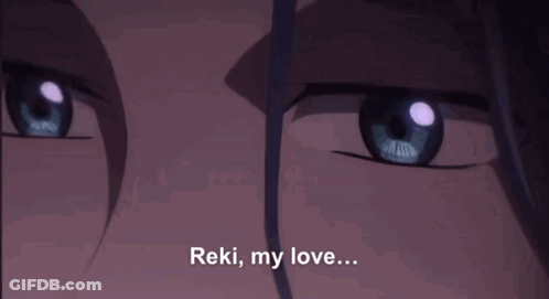 A Close Up Of A Person 'S Eyes With The Words " Reki My Love " Written Below Them GIF