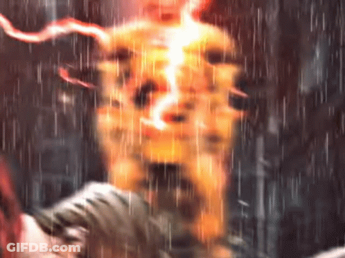 A Close Up Of A Person 'S Face In The Rain With A Lightning Bolt Coming Out Of It . GIF