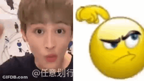 A Close Up Of A Person 'S Face Next To A Yellow Smiley Face With An Angry Face . GIF