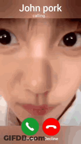 A Close Up Of A Person 'S Face On A Phone Screen That Says John Pork Calling Accept Decline GIF