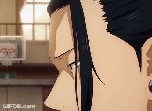 A Close Up Of A Person 'S Face With A Basketball Hoop Behind Them GIF