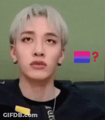 A Close Up Of A Person 'S Face With A Bisexual Flag In The Background And A Question Mark . GIF