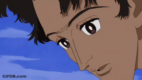 A Close Up Of A Person 'S Face With A Blue Sky Behind Them GIF