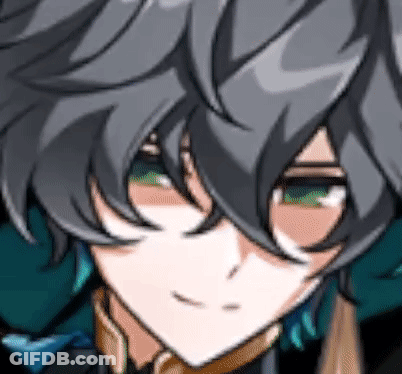 A Close Up Of A Person 'S Face With A Gray Haired Anime Character With Green Eyes . GIF