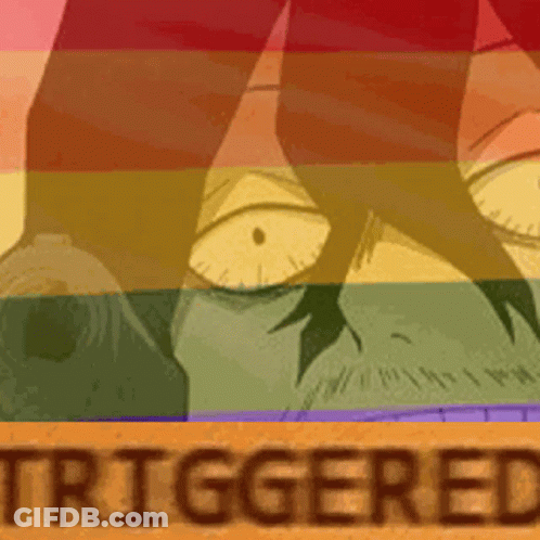 A Close Up Of A Person 'S Face With A Rainbow Flag In The Background And The Word Triggered . GIF