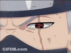 A Close Up Of A Person 'S Face With A Red Eye And The Word Naruto On The Bottom Right GIF