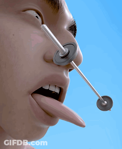 A Close Up Of A Person 'S Face With A Screw Sticking Out Of It GIF