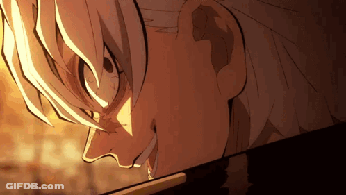A Close Up Of A Person 'S Face With A Sword In His Mouth And A Sword In His Hand . GIF
