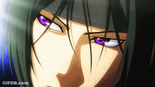 A Close Up Of A Person 'S Face With Black Hair And Purple Eyes GIF