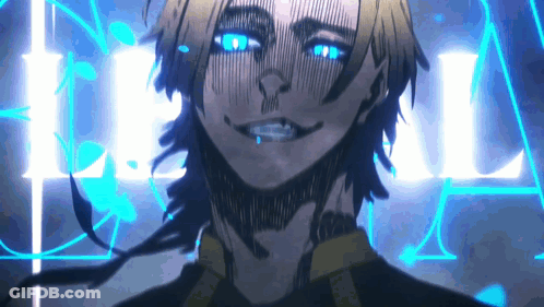 A Close Up Of A Person 'S Face With Blue Eyes And The Letter L Behind Him GIF