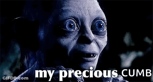 A Close Up Of A Person 'S Face With Blue Eyes And The Words `` My Precious Cumb '' . GIF