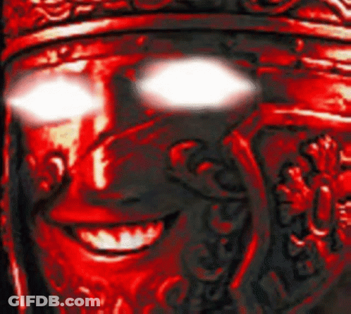 A Close Up Of A Person 'S Face With Glowing Eyes And A Red Background . GIF