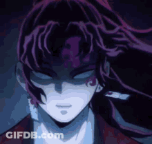 A Close Up Of A Person 'S Face With Long Purple Hair . GIF