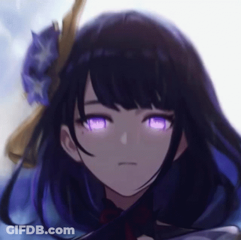 A Close Up Of A Person 'S Face With Purple Eyes And A Flower In Her Hair . GIF