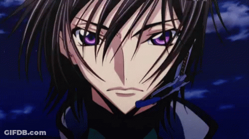A Close Up Of A Person 'S Face With Purple Eyes And Black Hair GIF