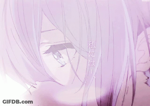 A Close Up Of A Person 'S Face With Purple Hair And A White Background GIF
