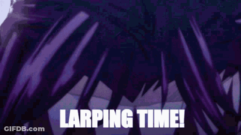 A Close Up Of A Person 'S Face With Purple Hair And The Words Larping Time Written On It . GIF