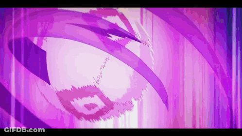 A Close Up Of A Person 'S Face With Purple Lines Coming Out Of It GIF