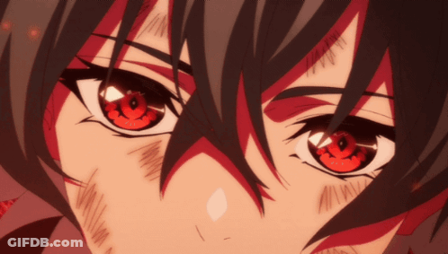 A Close Up Of A Person 'S Face With Red Eyes And Black Hair GIF