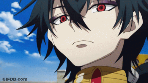 A Close Up Of A Person 'S Face With Red Eyes And Black Hair GIF