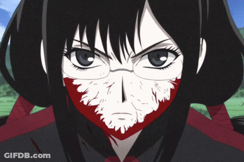 A Close Up Of A Person 'S Face With Red Eyes And Glasses GIF