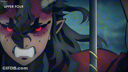 A Close Up Of A Person 'S Face With Red Eyes And The Words Upper Four Above It GIF