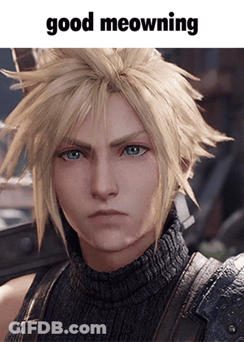 A Close Up Of A Person 'S Face With The Caption Good Meowning GIF