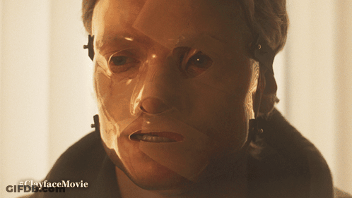 A Close Up Of A Person 'S Face With The Hashtag #Clayfacemovie On The Bottom GIF