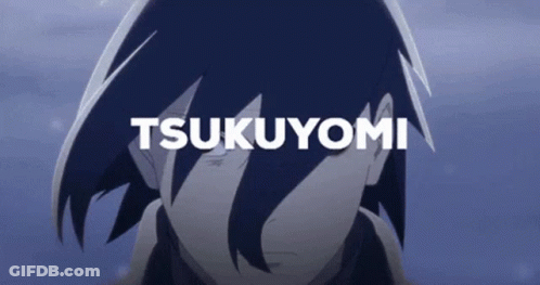 A Close Up Of A Person 'S Face With The Name Tsukiyomi Written Above It GIF