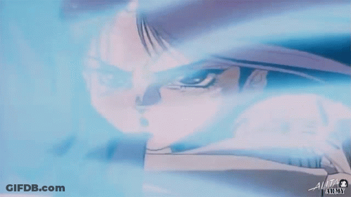 A Close Up Of A Person 'S Face With The Word Alita On The Bottom Left GIF