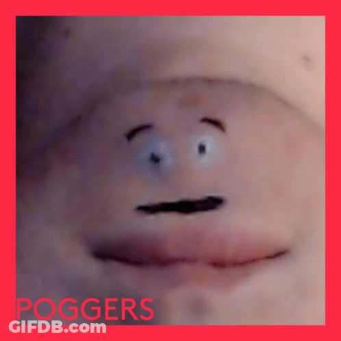 A Close Up Of A Person 'S Face With The Word Poggers Written On The Bottom GIF