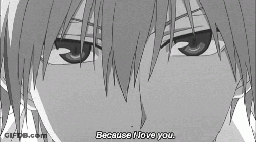 A Close Up Of A Person 'S Face With The Words `` Because I Love You '' Written Below It . GIF