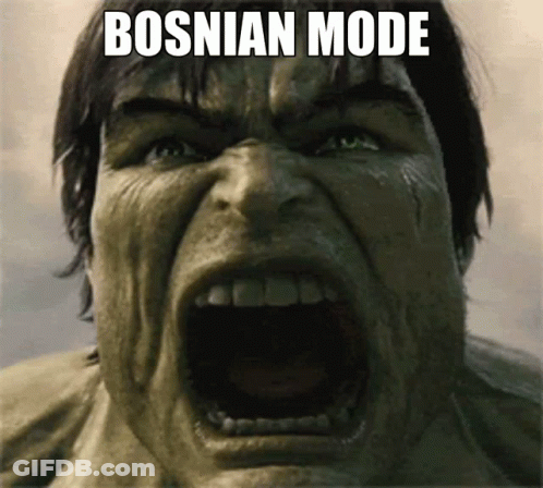 A Close Up Of A Person 'S Face With The Words Bosnian Mode Written On It GIF