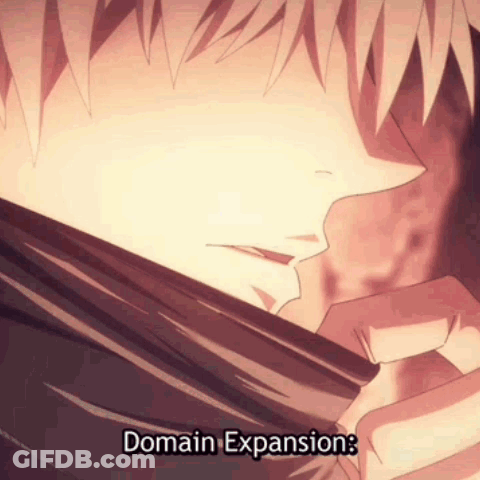 A Close Up Of A Person 'S Face With The Words Domain Expansion Written On It GIF