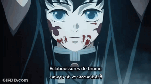 A Close Up Of A Person 'S Face With The Words Eclaboussures De Brume Above It GIF