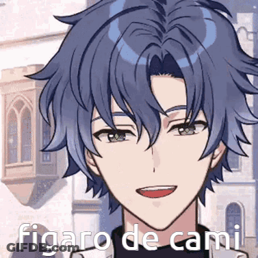 A Close Up Of A Person 'S Face With The Words Figaro De Cami Written On The Bottom GIF