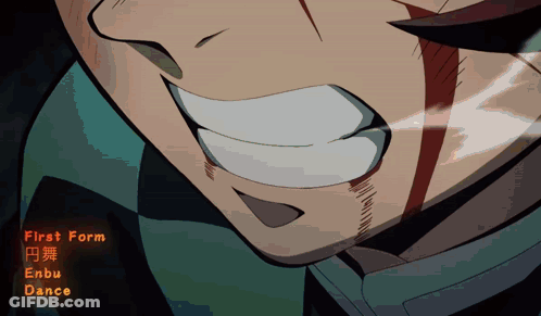 A Close Up Of A Person 'S Face With The Words First Form Enbu Dance Written Below It GIF