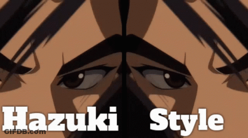 A Close Up Of A Person 'S Face With The Words Hazuki Style Written Below It GIF
