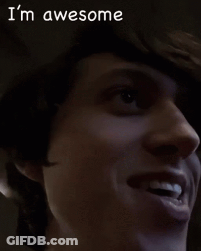 A Close Up Of A Person 'S Face With The Words " I 'M Awesome " Written Above It GIF