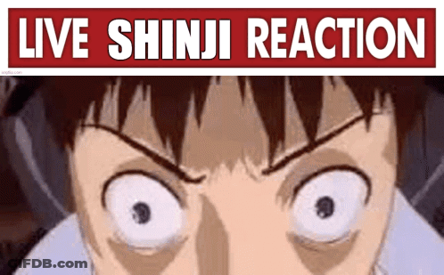 A Close Up Of A Person 'S Face With The Words " Live Shinji Reaction " Below It GIF