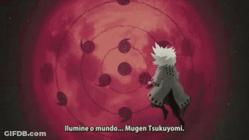 A Close Up Of A Person 'S Face With The Words " Lumine O Mundo ... Mugen Tsukuyomi " Below It GIF