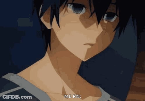 A Close Up Of A Person 'S Face With The Words `` Me Rn '' Written On The Bottom . GIF