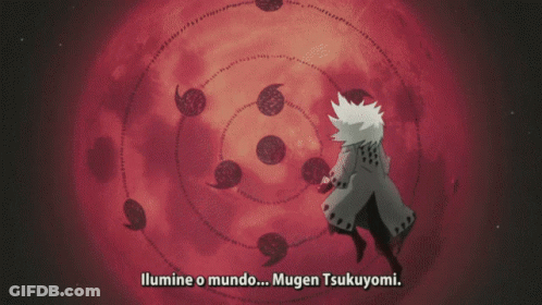 A Close Up Of A Person 'S Face With The Words " Mugen Tsukuyomi " Below It GIF
