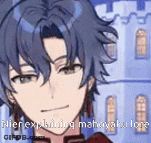 A Close Up Of A Person 'S Face With The Words Nier Explaining Mahoyaku Lore On It GIF